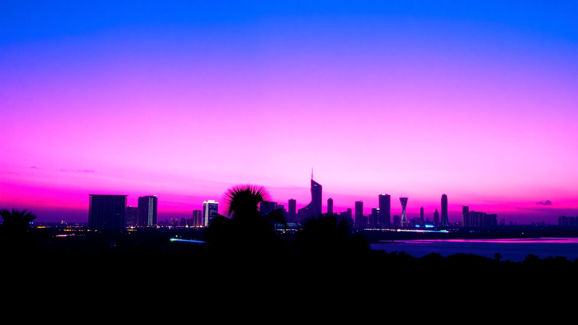 Neon Vice City skyline at dusk